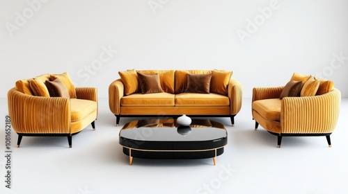 A mustard yellow velvet sofa set with two armchairs, a round coffee table with a black top and gold trim, and two brown accent pillows per piece, all set against a white backdrop. photo