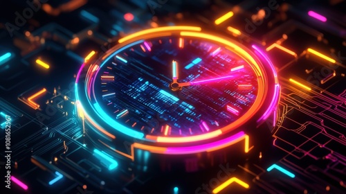 Wallpaper Mural Neon Clock on a Futuristic Circuit Board Torontodigital.ca