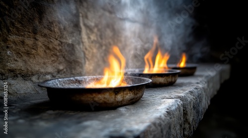 Wallpaper Mural A row of fire bowls sitting on top of a stone wall Torontodigital.ca