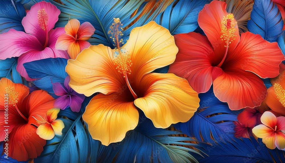 Tropical Hawaiian pattern with vibrant hibiscus flowers in an abstract design, perfect for summer decor, textiles, and beach-inspired apparel. Tropical Hawaiian pattern with vibrant hibiscus flowers in an abstract design, perfect for summer decor, textiles, and beach-inspired apparel.