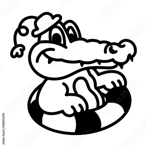 Crocodile wearing pool ring, doodle style icon 

