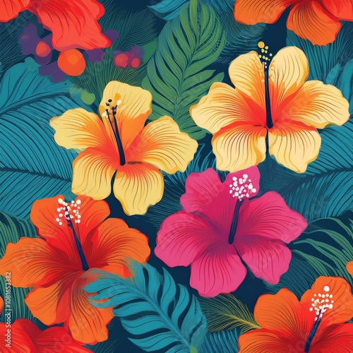 Tropical Hawaiian pattern with vibrant hibiscus flowers in an abstract design, perfect for summer decor, textiles, and beach-inspired apparel.