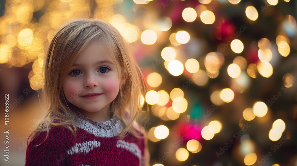 Portrait of a little girl smiling brightly in front of a background with golden Christmas lights with a bokeh effect. Winter, season, Christmas, Xmas, New Year, holiday background. Portrait of a little girl smiling brightly in front of a background with golden Christmas lights with a bokeh effect. Winter, season, Christmas, Xmas, New Year, holiday background.