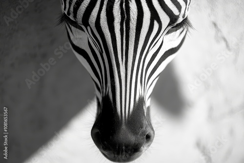  A black and white photo of a zebra's face
