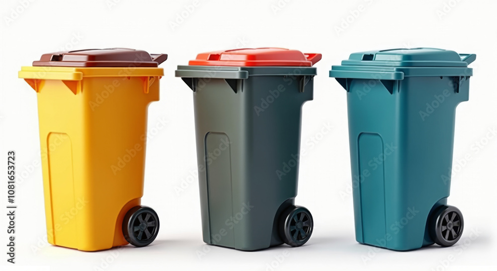 Colorful Recycling Bins Illustration with Yellow, Red, and Blue Lids for Waste Management and Environmental Awareness Projects