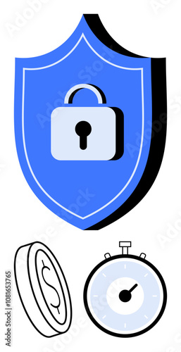 Shield with lock for security coin for financial stability and stopwatch for time management. Ideal for security, finance, punctuality, protection, safety, money, and efficiency. Line metaphor
