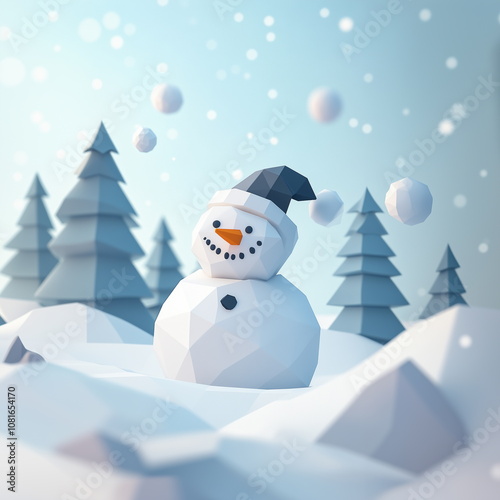 A one snowman standing on a snowy winter forest with snow falling. Low poly style winter landscape. Geometric, simple polygonal shape icons, graphic design, illustration, miniature, 3D icons.