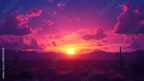 A vibrant sunset over a desert landscape with silhouettes of cacti and mountains, creating a beautiful scene of nature.