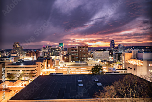 Downtown Grand Rapids, Michigan at sunset on a cloudy fall day in November