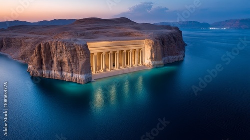 A large building in the middle of a body of water