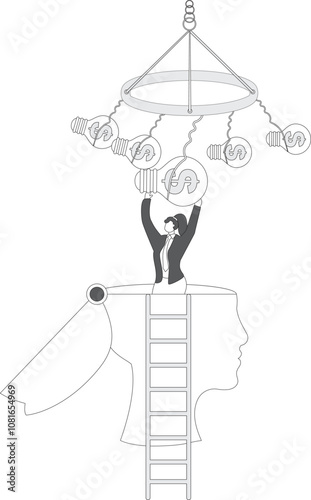 Finance Ideas Concept, bizarre businesswoman with open head catching the idea light bulb with dollar sign