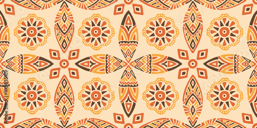 Seamless African pattern with leaf shield and circles. Savanna tribal vector ornament. Hand drawn weave ethnic carpet. Modern geo print on textile. Ancient rug design for bohemian interior