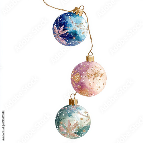 Colorful Christmas ornaments hanging on string, featuring intricate designs and glitter. Perfect for holiday decor and festive celebrations
