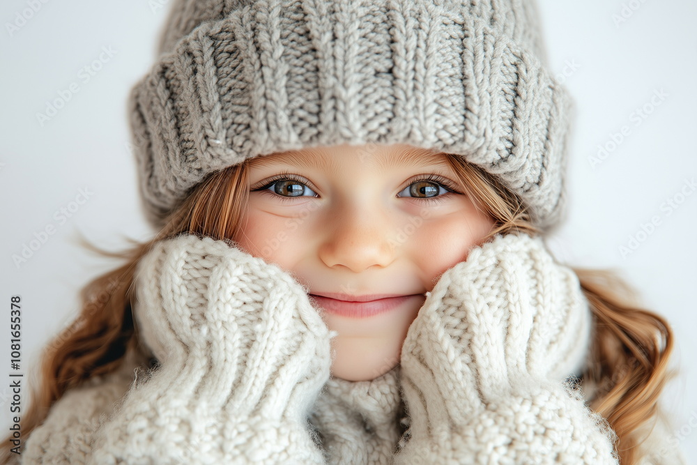 Close-up of smiling face of cute girl in winter fur hat and sweater. Isolated on white studio. Winter clothes, clothing fashion child model. Winter christmas season background.