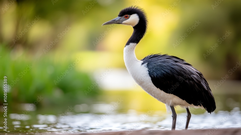 Naklejka premium A black and white bird standing in the water