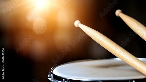 A close up of a drum set with drumsticks on it