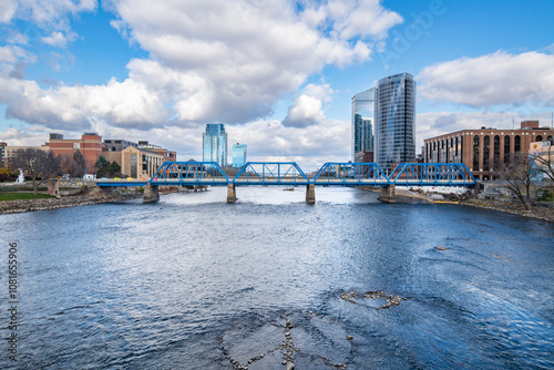 Downtown Grand Rapids, Michigan Gillett Bridge as seen from the Pearl Street Bridge on a partly cloudy fall day photo