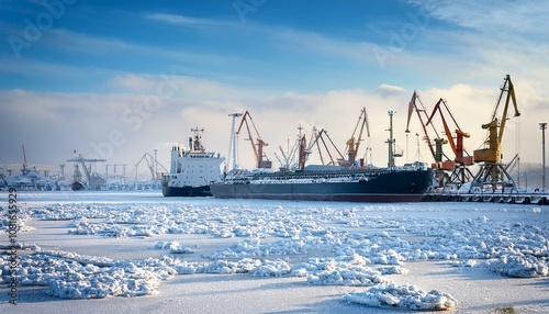 Ships and cranes in winter shipping port covered with ice and snow photo