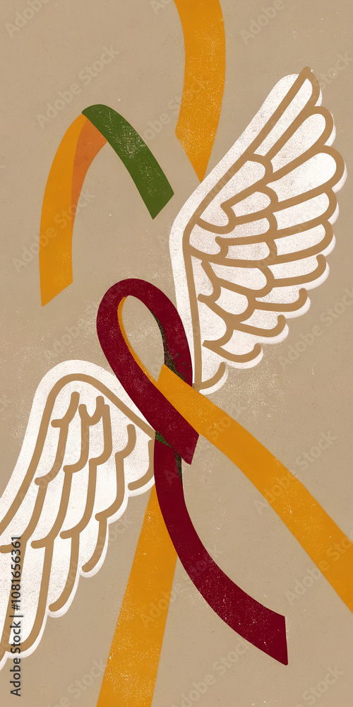 Fototapeta premium Abstract Winged Ribbon with Colorful Stripes on Textured Background