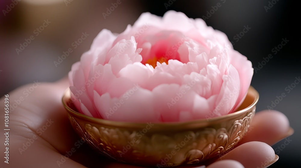 A person holding a pink flower in a gold bowl