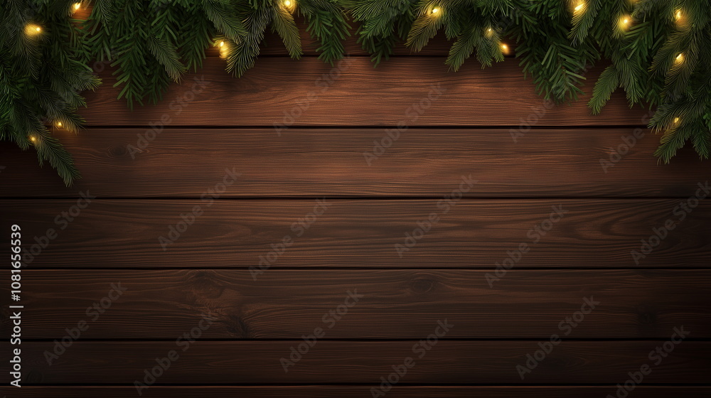 Φωτογραφία Christmas background frame with green pine needles and twinkling light bulbs on the top part of a wooden wall or floor