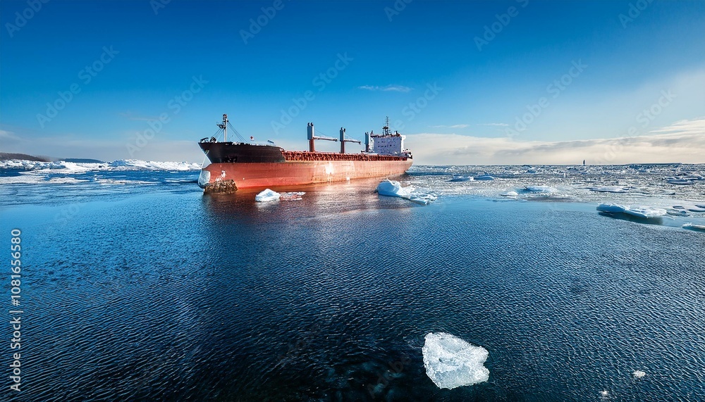 Fototapeta premium Ships and cranes in winter shipping port covered with ice and snow