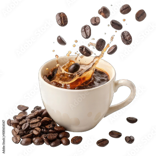 Cup of coffee with beans transparent background.