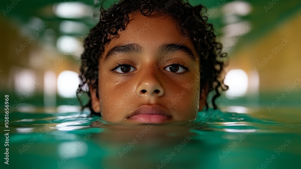A young boy in a swimming pool looking at the camera A young boy in a swimming pool looking at the camera