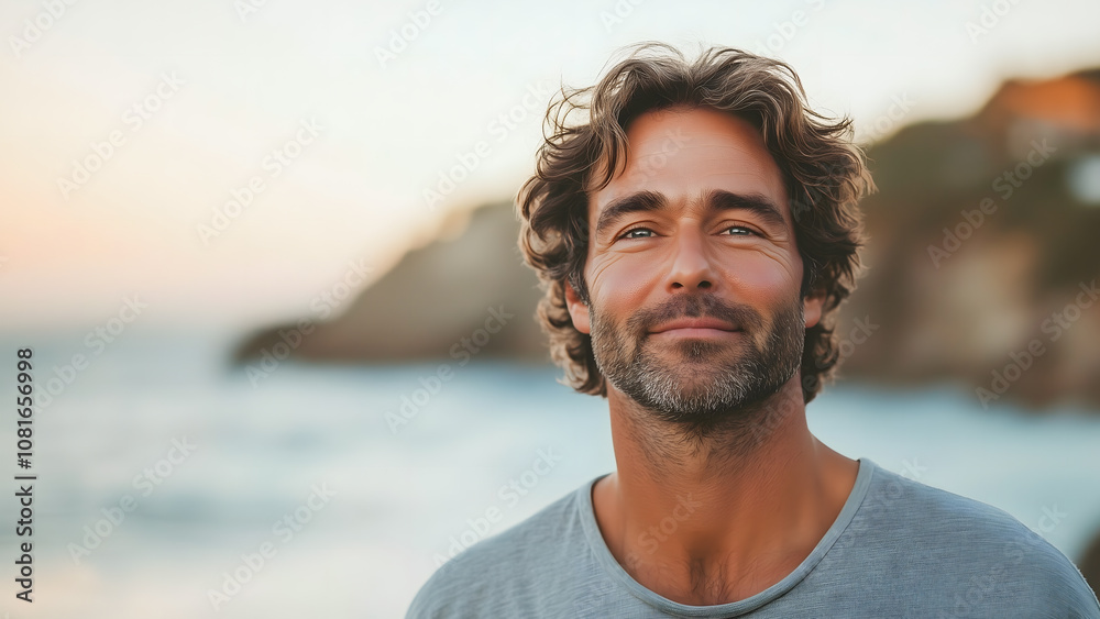 Portrait of a smiling man on the beach with copy space. Relaxation and well-being concept Portrait of a smiling man on the beach with copy space. Relaxation and well-being concept