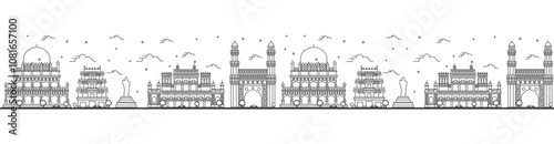 Seamless pattern with outline Hyderabad India City Skyline with Historical Buildings Isolated on White. Hyderabad Cityscape with Landmarks.