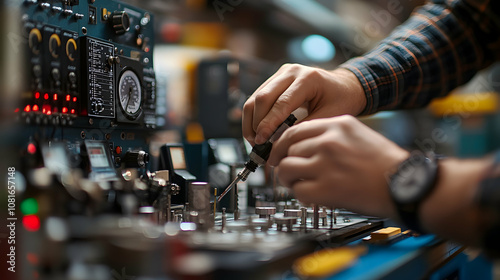 Close-up of a Technician's Hands Working on an Electronic Device - Realistic Image