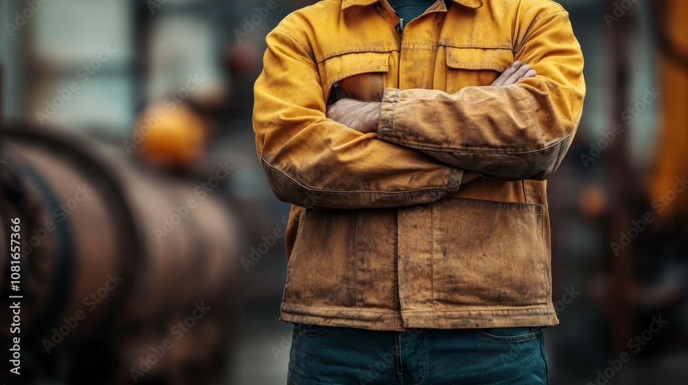 A Construction Worker Standing with Arms Crossed in Front of a Construction Site A Construction Worker Standing with Arms Crossed in Front of a Construction Site