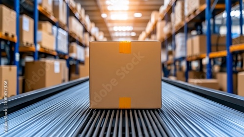 Cardboard Box on Conveyor Belt in Warehouse Shipping and Logistics Concept