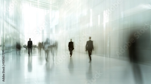 Blurred silhouettes of business people walking in a modern office building.