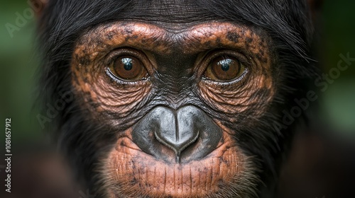  A close up of a chimpanzee's face looking at the camera