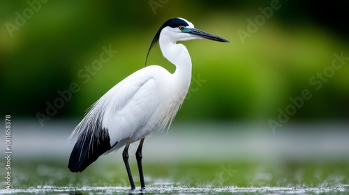 A white and black bird standing in the water