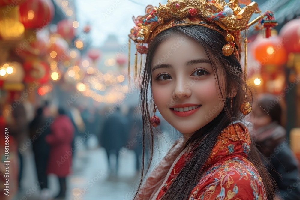 Lunar New Year 2025: Asian Girl in Chinese Dress with Red Lanterns in the Street Lunar New Year 2025: Asian Girl in Chinese Dress with Red Lanterns in the Street