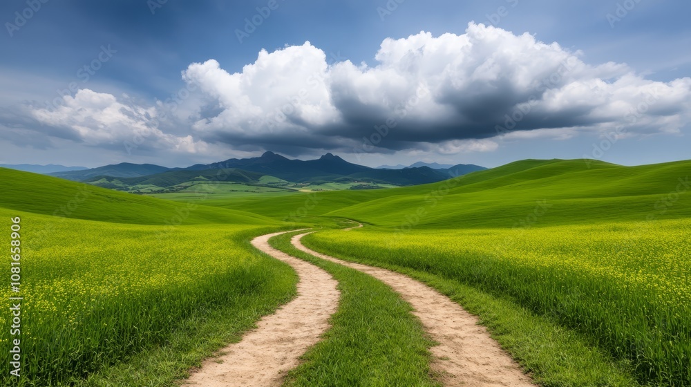 A dirt road in the middle of a green field A dirt road in the middle of a green field