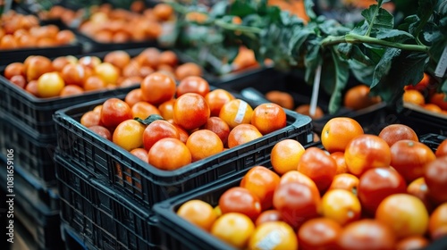 Fresh red tomatoes in plastic crates at a market.