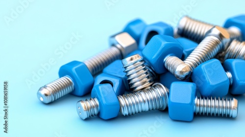 Blue Nuts and Bolts on Blue Background Industrial Hardware Closeup