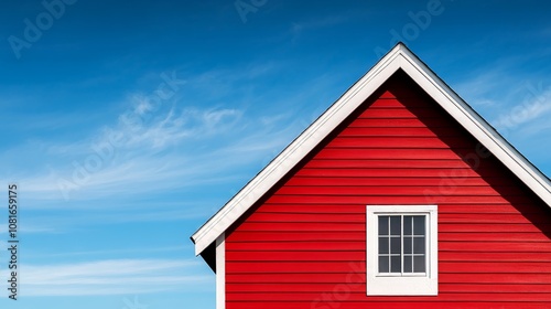 A red house with a white window against a blue sky