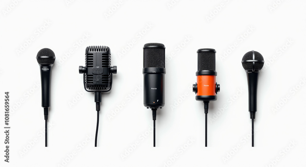 A Diverse Collection of Microphones on a White Background - Studio and Podcast Equipment Showcase A Diverse Collection of Microphones on a White Background - Studio and Podcast Equipment Showcase