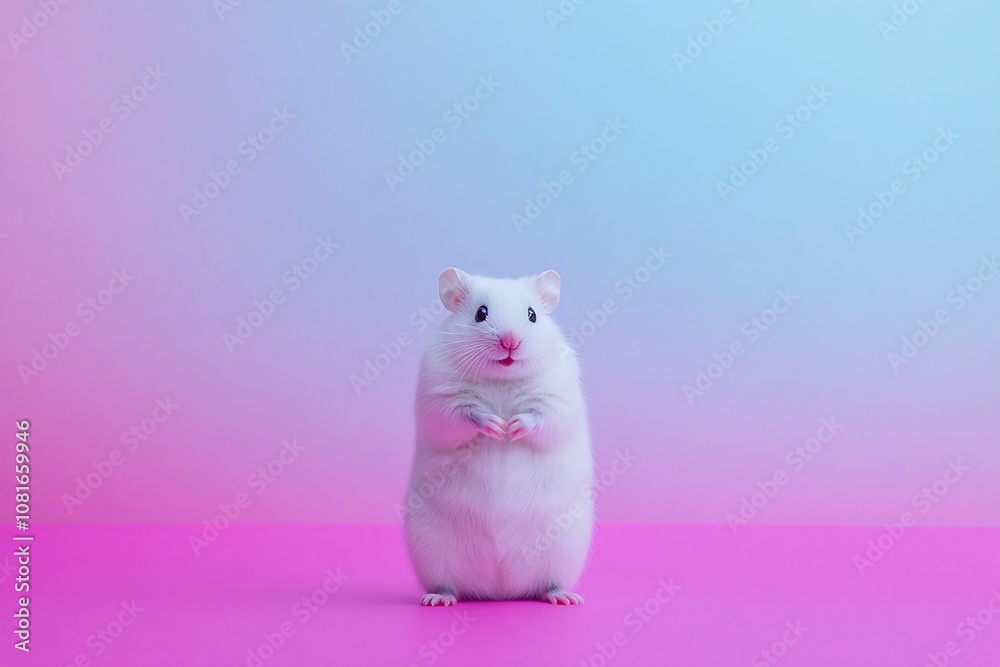 Cute White Hamster Posing Happily on Colorful Gradient Background Cute White Hamster Posing Happily on Colorful Gradient Background