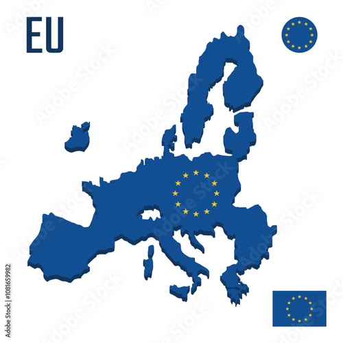 3D European Union map with flag, Three dimensional map of EU with shadow