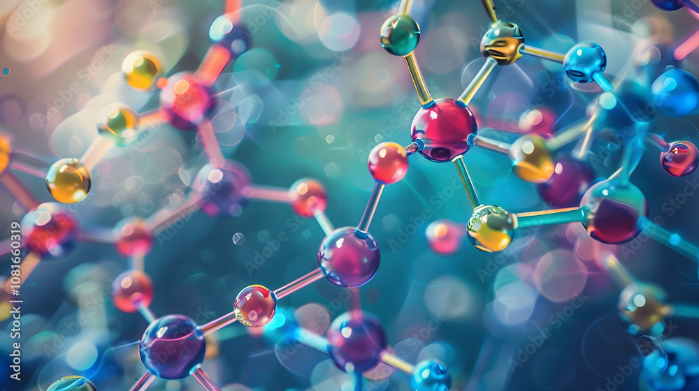 Abstract 3D Molecular Structure Background with Colorful Spheres and Bokeh Abstract 3D Molecular Structure Background with Colorful Spheres and Bokeh