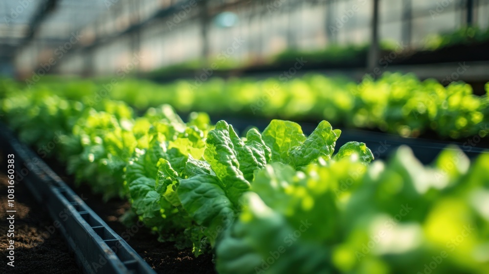 Rows of fresh lettuce plants growing in a greenhouse. Rows of fresh lettuce plants growing in a greenhouse.