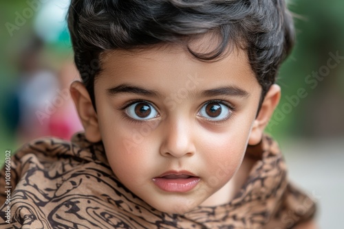 A small child with blue eyes looking at the camera