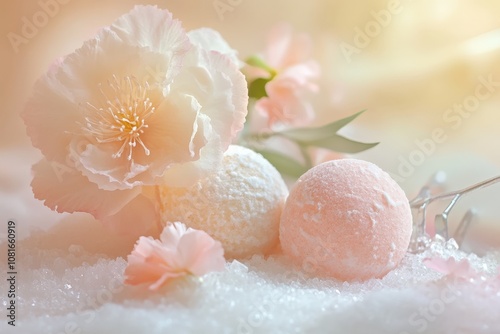 Delicate pink and white flowers with soft focus and natural lighting