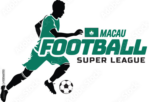 Macau football league, Soccer ball, Football logo, Footballer Kick the Ball isolated on white background, Vector Illustration