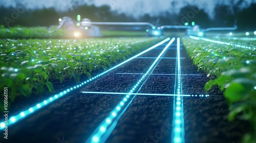 A smart irrigation system in a sustainable farm, where sensors monitor soil moisture and automated sprinklers adjust water usage accordingly. 
